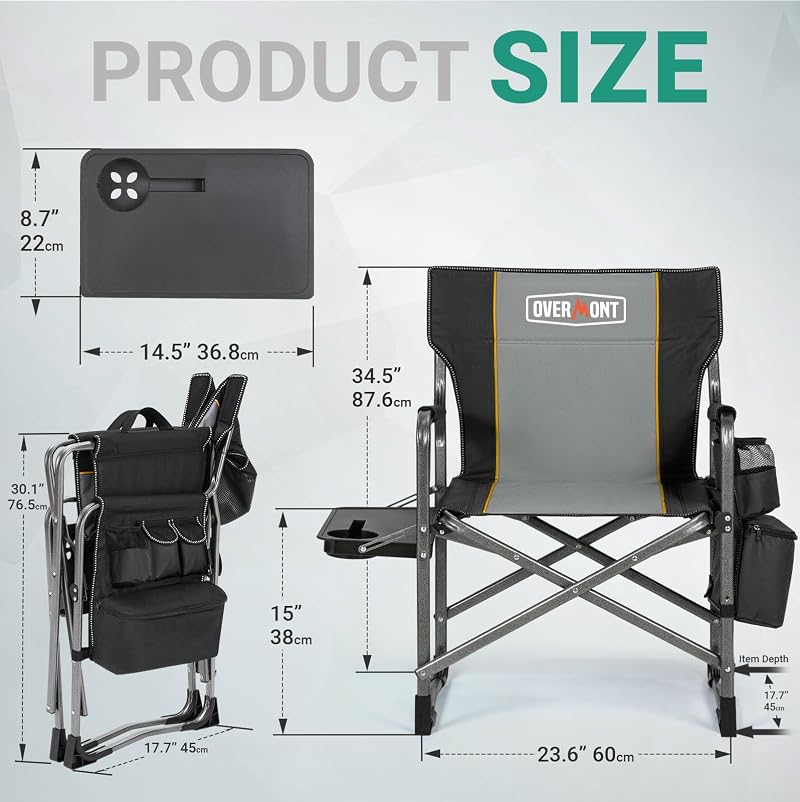 Overmont 2 Pack Folding Camping Chairs with Side Tables - 400 lb Capacity, Black/Gray (Variation: Blackgrey+2)