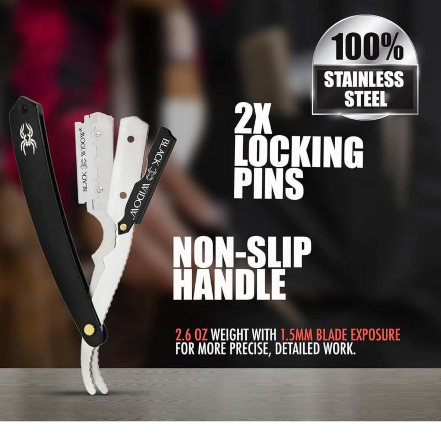 Black Widow Professional Barber Straight Edge Razor – Stainless Steel Shavette, 1.5 mm Blade Exposure, Matte Black & chrome, 10 Double Edge Blades (20 Single-Edge) for Lineups & Beard Shaping