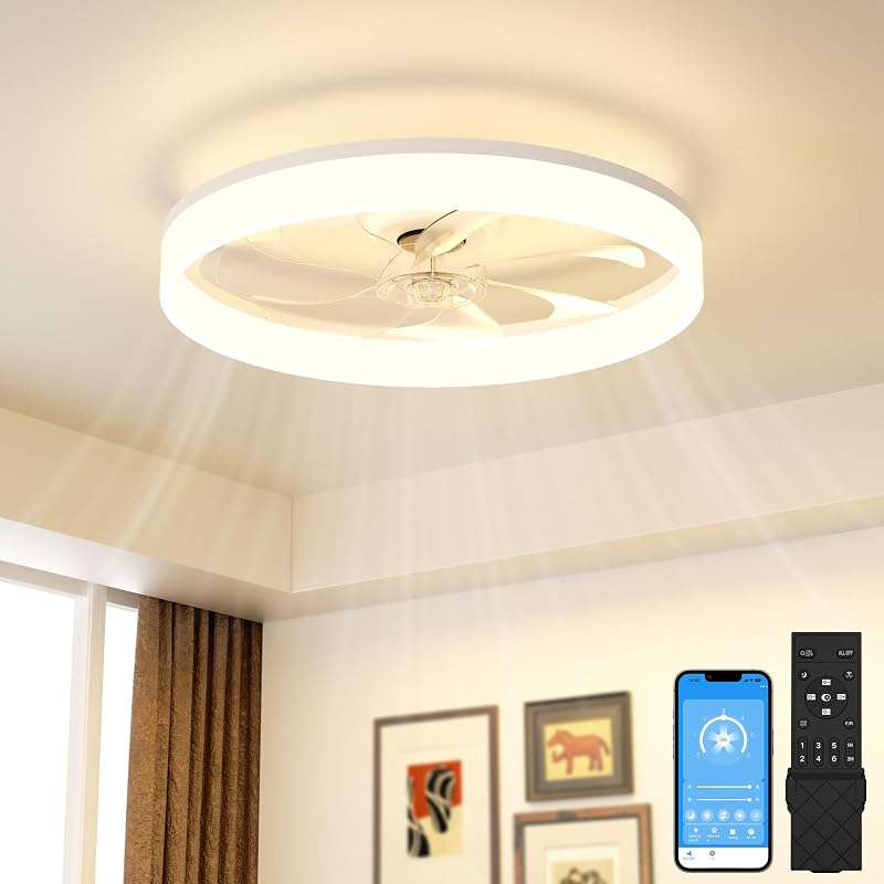 VOLISUN White 20 Inch Low-Profile Ceiling Fan with Lights, Remote, 3000K-6500K Dimmable, Flush Mount Variation: White+20 INCH