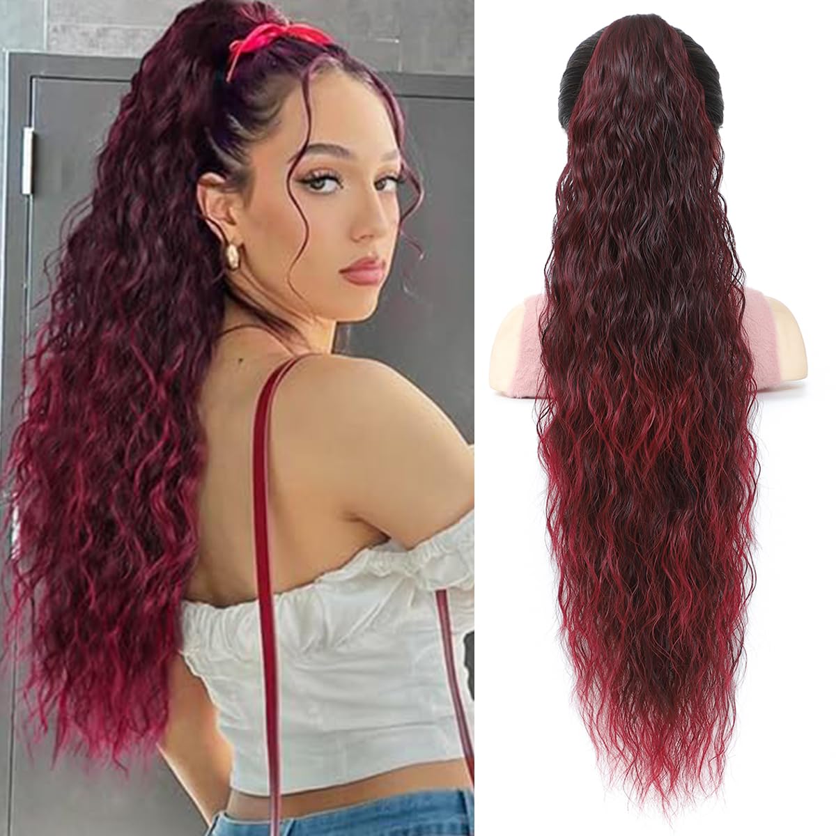 HEVAYO KISS Claw Clip Ponytail Extension 30Inch Omber Burgundy Pony Tails Hair Extensions Long Curly Synthetic Hairpieces for Women