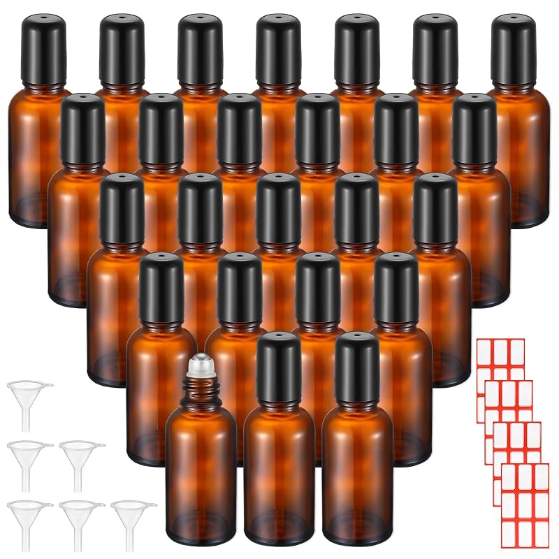 Amber 30 ml Roller Bottle Set - 24 Amber Glass Roll-On Bottles with Funnels & Labels
