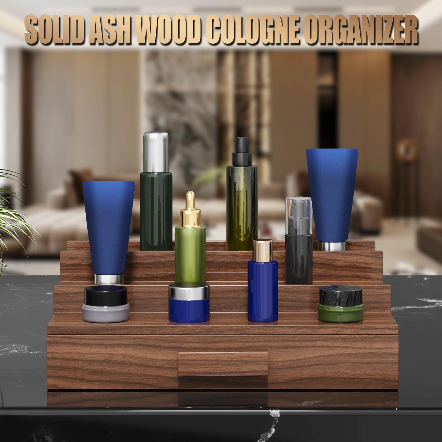 Gernshe Solid Ash Wood Cologne Organizer for Men,3 Tier Cologne Stand,Cologne Shelf Display Holder,Perfume Stand Organizer with Storage Drawer and Hidden Compartment,Great Gift for Men,Walnut