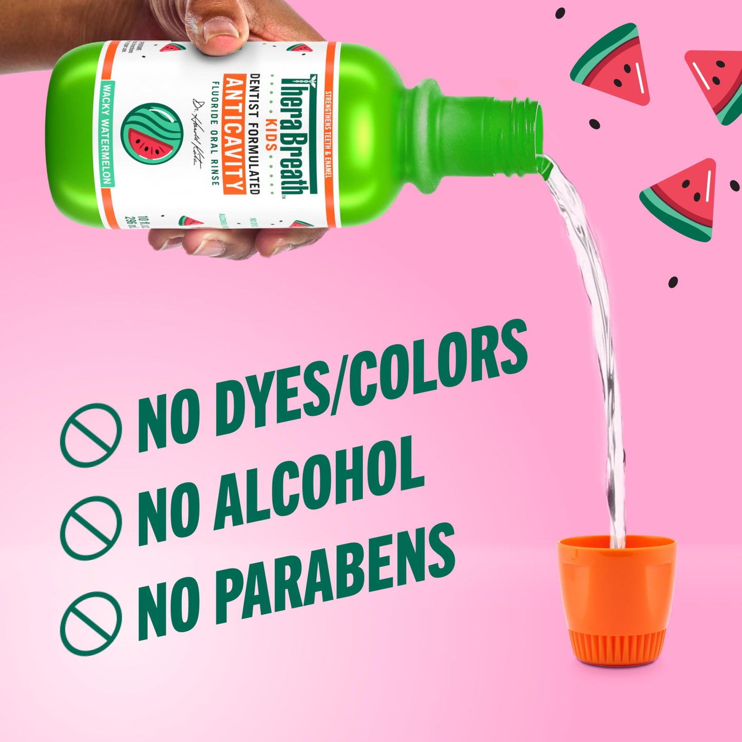 TheraBreath Kids Organic Wacky Watermelon Mouthwash with Fluoride, Anticavity, Dentist Formulated, 16 Fl Oz