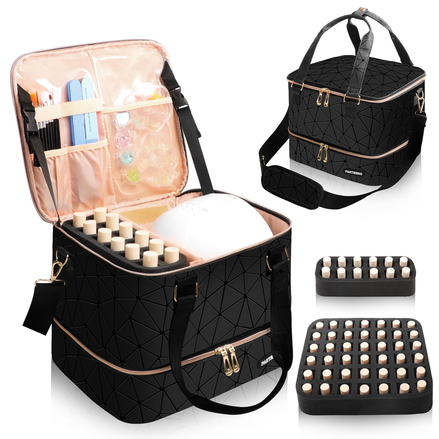 Partreko Large Nail Polish Organizer Fits 54 Bottles (15ml-0.5 fl.oz)& Nail Lamp, Double Layer Nail Supplies Organizer Bag with Holder Strip, PU Leather Nail Kit Storage Travel Case for Women (Black)