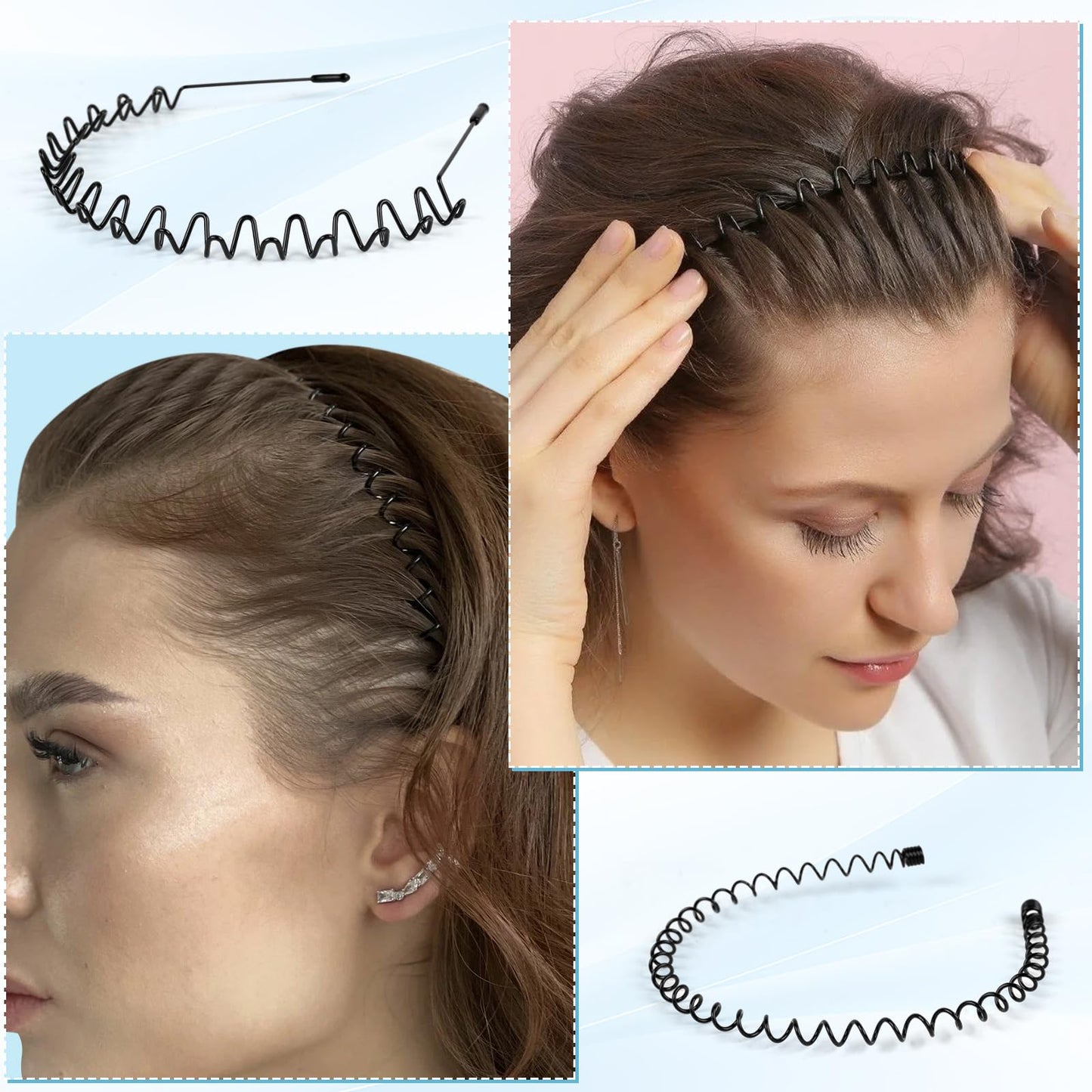 fenshine 6PCS Metal Hair Bands, Spring Wavy Hoop Unisex Black Headband Slicked Back Non Slip Sports Hairband for Women Men…