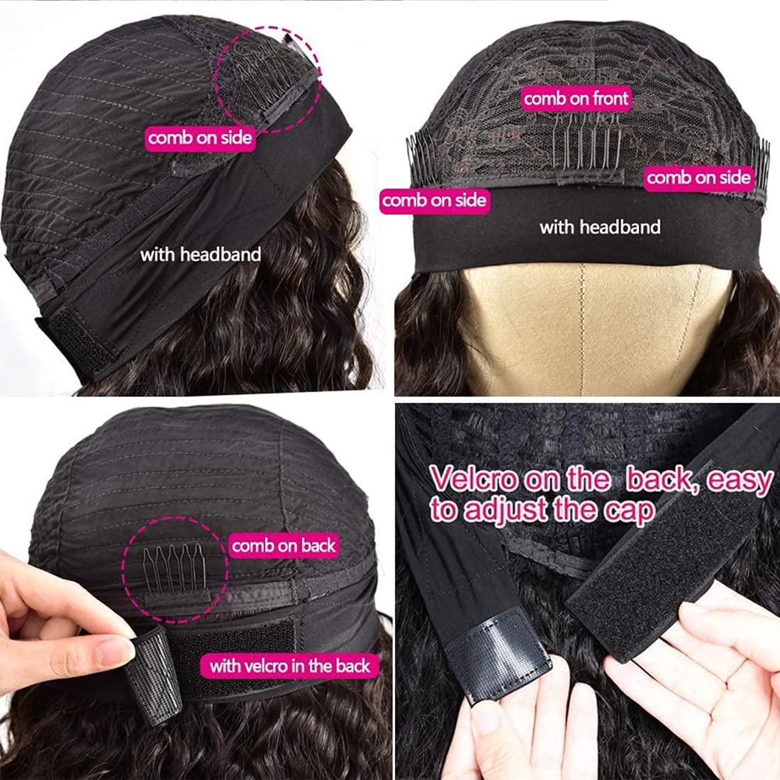 Youngirl Deep Wave Headband Wig Human Hair 12 Inch Curly Headband Wigs for Black Women Human Hair Glueless None Lace Front Wigs Brazilian Virgin Hair Wig Machine Made 150% Density Natural Black Color