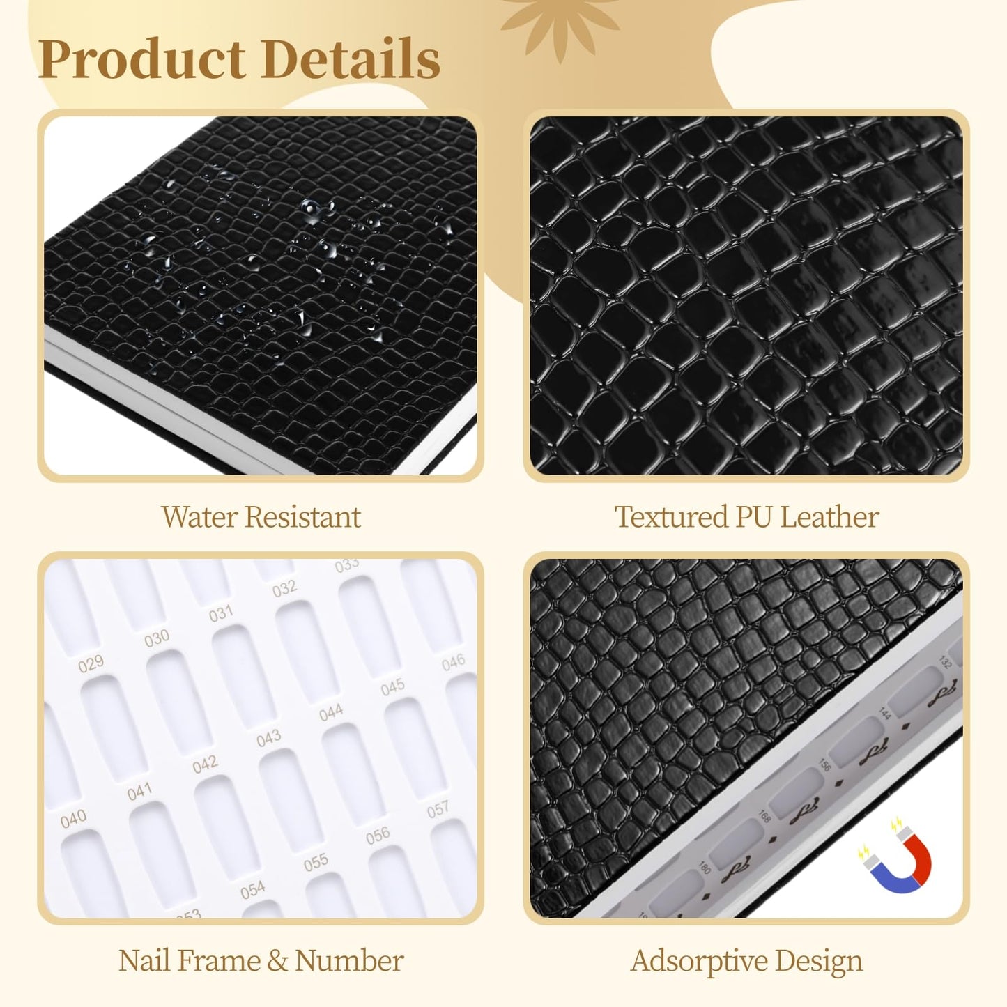 216 Nail Colors Display Book, Nail Gel Polish Organizer Book, Waterproof Textured PU Leather Nail Color Chart with 240 False Nail Tips & 1-300 Numbered Stickers for Nail Art Salons, DIY Nail Design