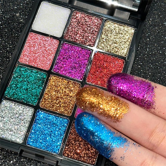 12 Colours Pearly Glitter Eyeshadow Palette, Sparkle Sequin Pearly Finish, Long-Lasting and Highly Pigmented Eyeshadows for Festive Look Carnival/Mardi Gras/Masquerade