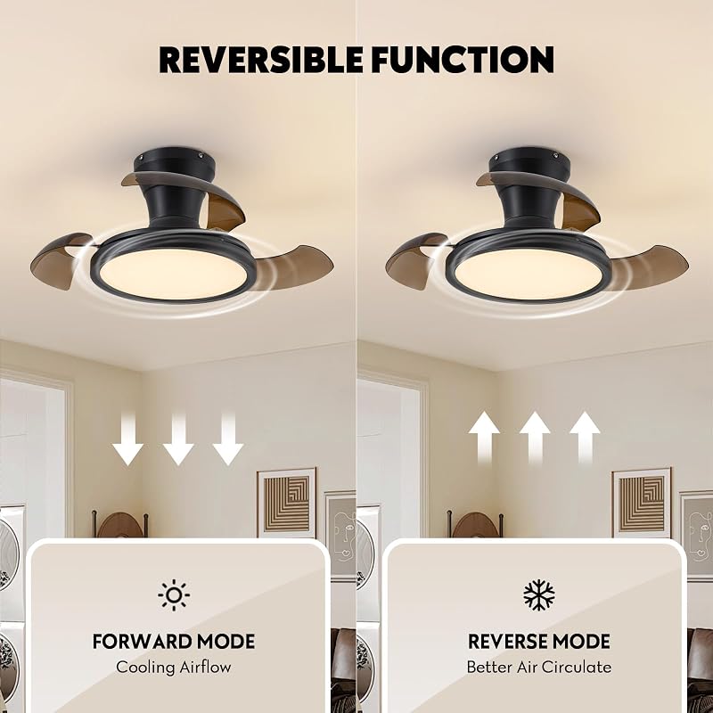 28 In Retractable Ceiling Fan with Light, Dimmable 6-Speed, Remote Control, Black & Brown Blades