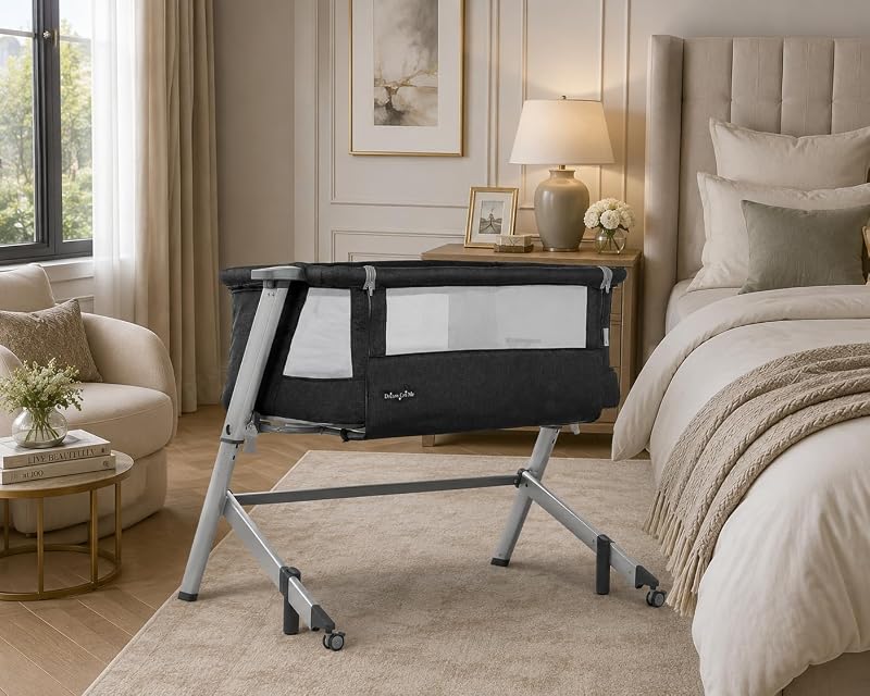 Dream On Me Skylar Bassinet & Bedside Sleeper - Black, Adjustable Height