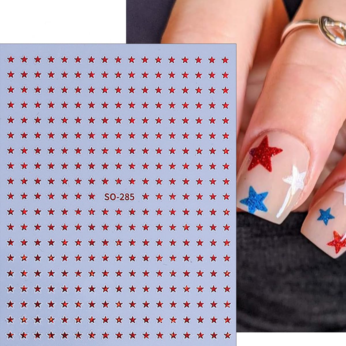6 Sheets Star Nail Stickers 3D Glitter Stars Nail Art Decals Self-Adhesive Black White Silver Laser Purple Red Star Nails Design Supplies Independence Day Stars Stickers for DIY Acrylic Manicure Tips