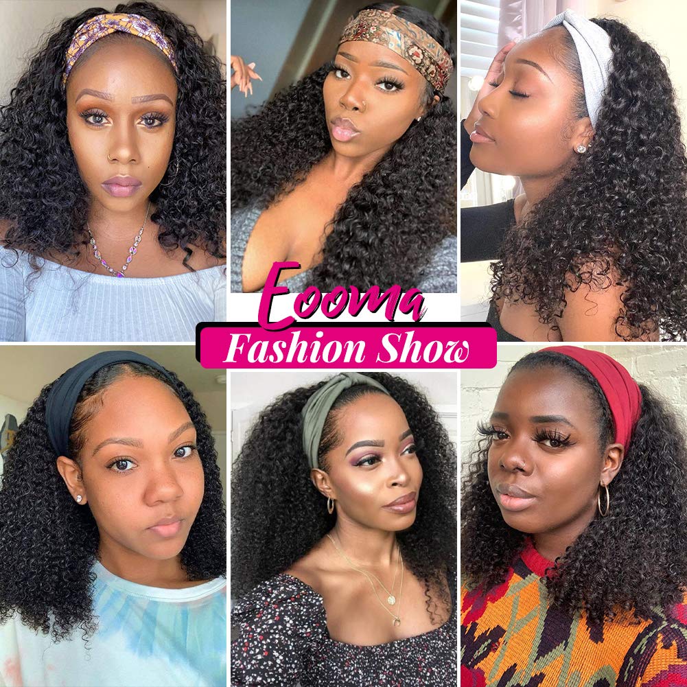 Eooma Curly Headband wig Human Hair 16 inch No Gel Kinky Curly Headband Wigs for Black Women 180 Density Scarf None Lace Front Wigs Human Hair