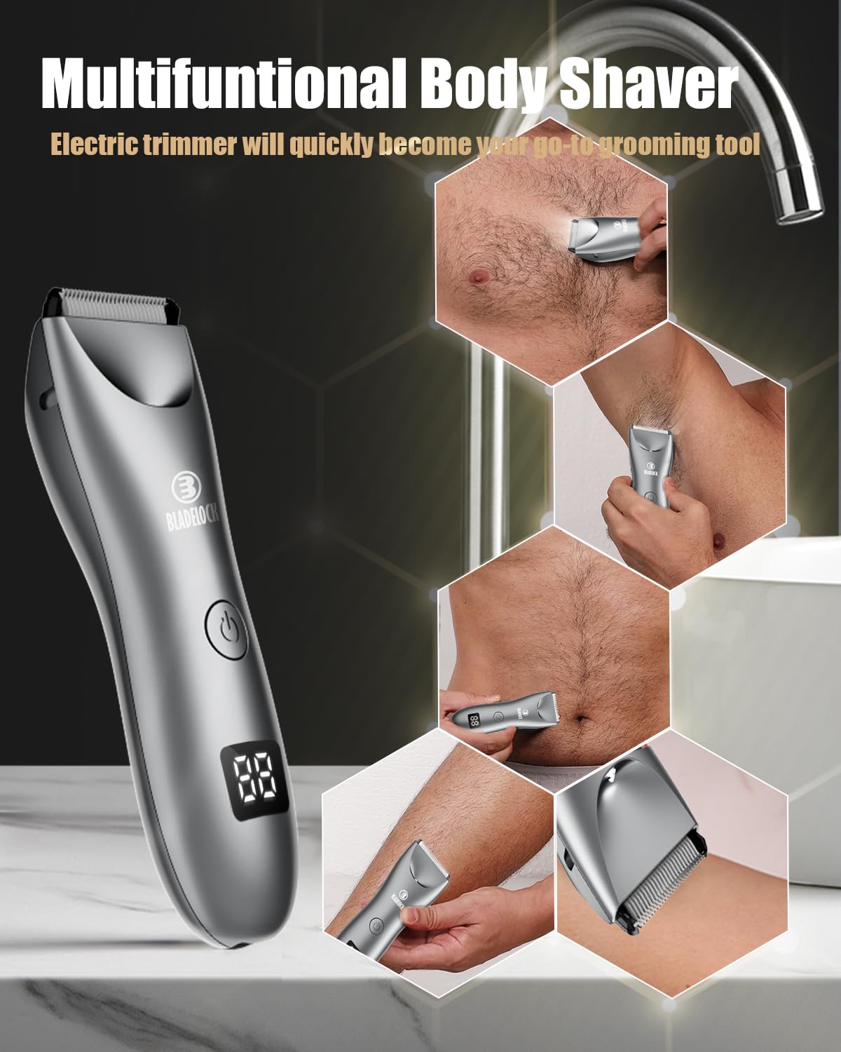 ENSSU Body Hair Trimmer for Men with Light, Ball Trimmer Men Waterproof, Pubic Groin Hair Trimmers for Man Rechargeable Body Groomer with Standing Recharge Dock,LED Display