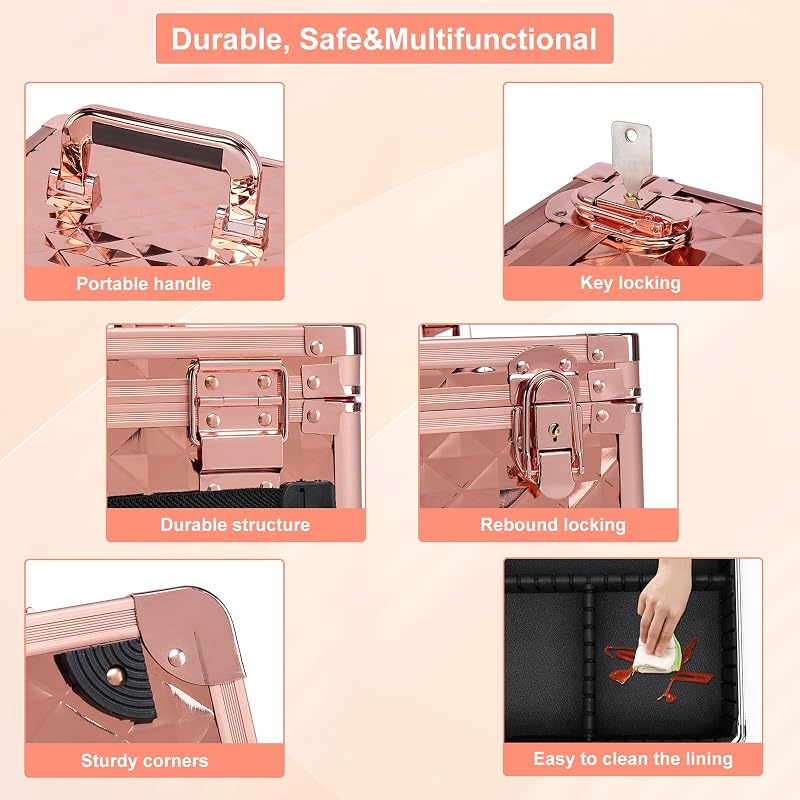 Sparkling Makeup Box with LED Mirror - Travel Hard Case with Adjustable Dividers (Rechargeable) - Cosmetic Organizer Gift