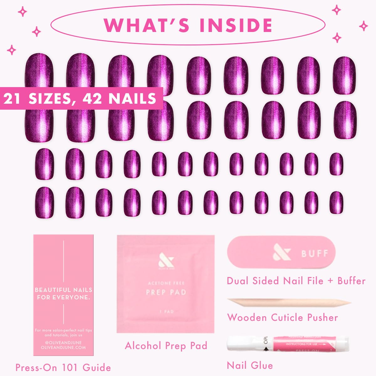 Olive & June Instant Mani Press On Nails (Glue) | Mulberry | XS, Round 42 Fake Nails, 21 Sizes Non-Toxic, Long-Lasting Recycled Materials Realistic Look | Plaza Velvet