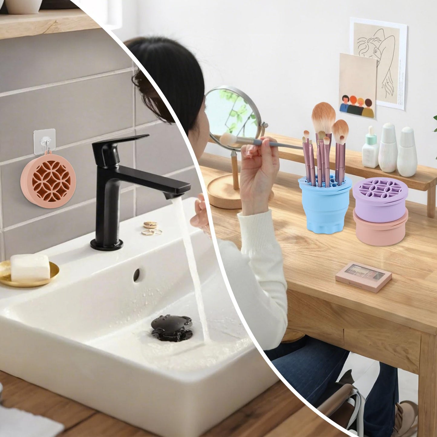 WantGor Makeup Brush Cleaner Mat with Brush Storage Holder, 3 in 1 Foldable Silicone Bowl Cosmetic Brushes Cleaning Pads Tool for Makeup Brush, Makeup Sponge, Powder Puff (Khaki)