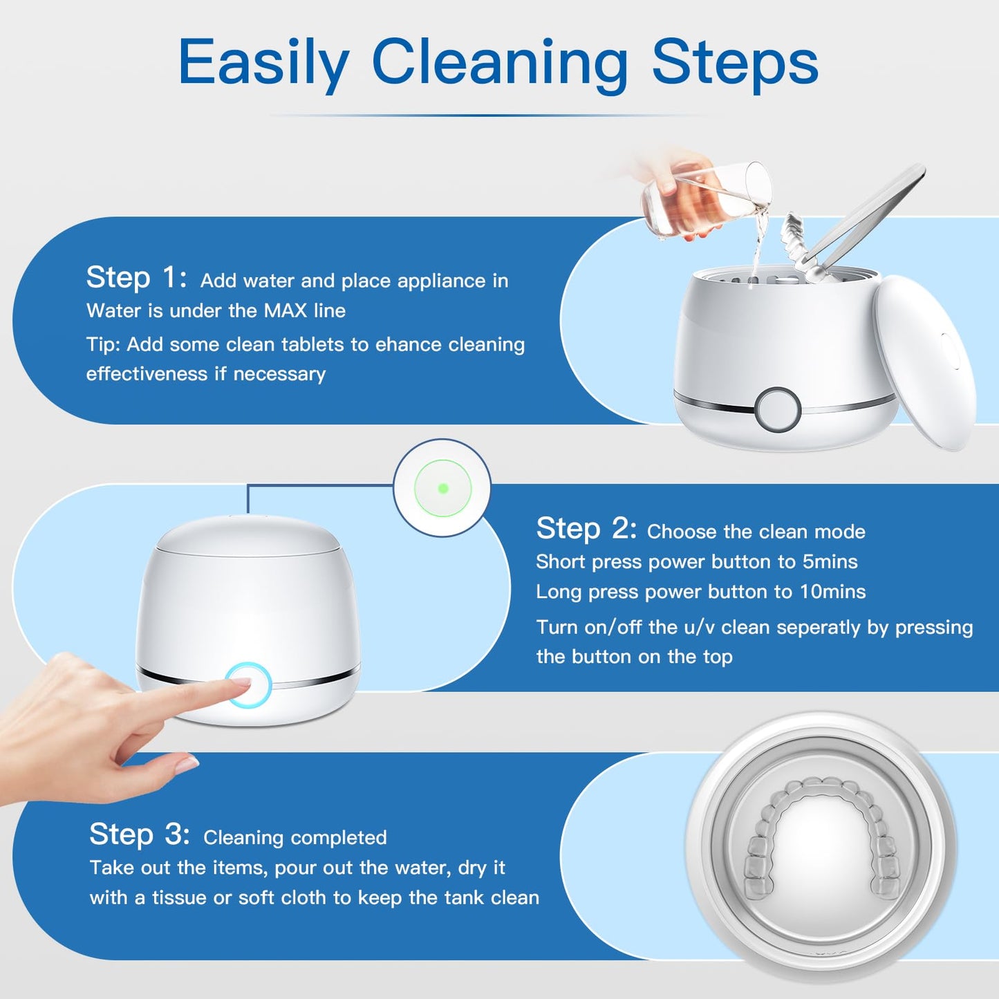 Midomi Ultrasonic Retainer Cleaner, 45kHz Denture Cleaner Machine, 5min and 10min Modes with Rechargable Top Cover, 200ml Dental Cleaning Pod, MouthGuard Cleaner for Aligner NightGuard Jewelry(White)