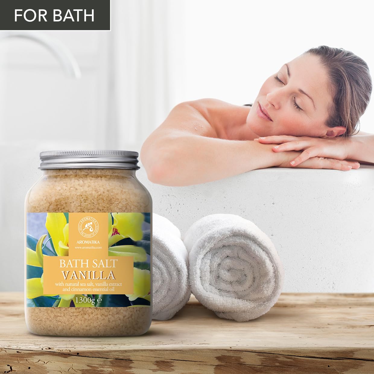 Bath Sea Salt Vanilla 46 Oz (1300g) - 100% Natural Sea Salt with Vanilla Extract & Cinnamon Essential Oil - Relaxing Bath - Beauty - Body Care - Relaxation - Good Sleep - Aromatherapy Bath Salts