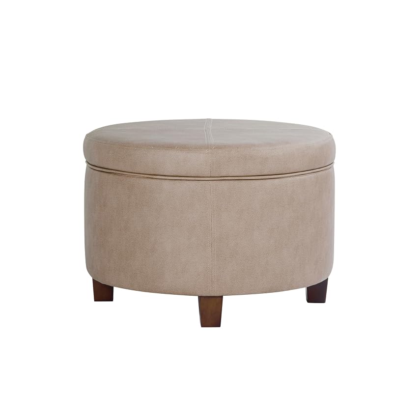 Storage Ottoman with Faux Leather - Round Taupe Brown, 17x24, Lift-Top
