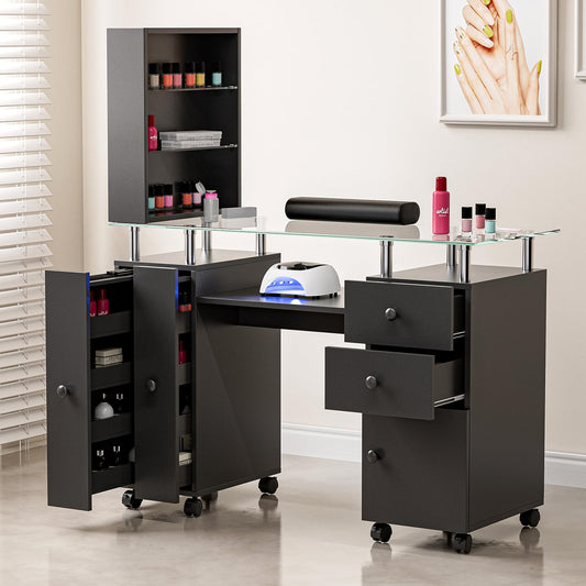 Paddie Manicure Table Nail Desk for Technician, Acetone Resistant Nail Tech Table Nail Table Station w/Glass Desktop, Wrist Cushion, 3-Tiers Shelves, Lockable Wheels & Cabinet (Black)