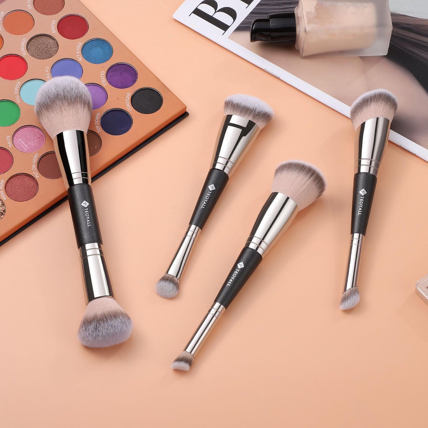 TEOYALL Dual-Ended Foundation Under Eye Concealer Brush, Sloped Angled Contour Synthetic Bristles for Liquid Cream Powder