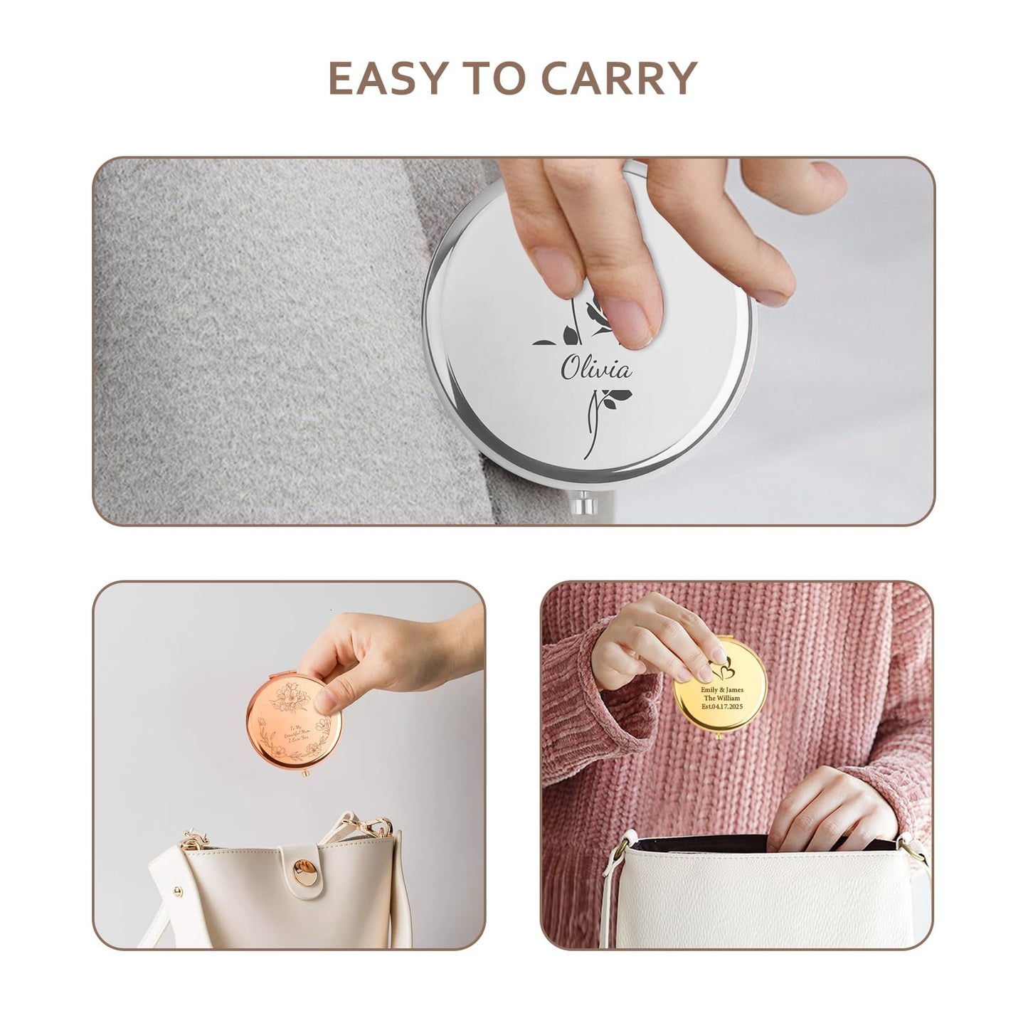 Personalised Mirror for Women, Engraved Compact Mirror with Name, Portable Makeup Mirror, Perfect for Wife, Mom, Grandma, Sister, Ideas, Travel-Friendly Cosmetic Mirror (A-Silver)