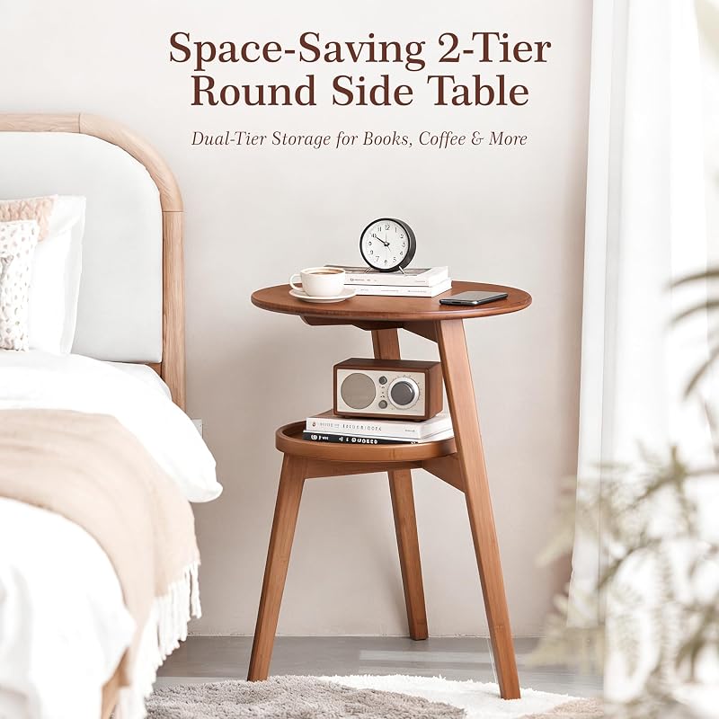 2-Tier Round Bamboo Side Table Brown-1 | Mid Century Modern End Table