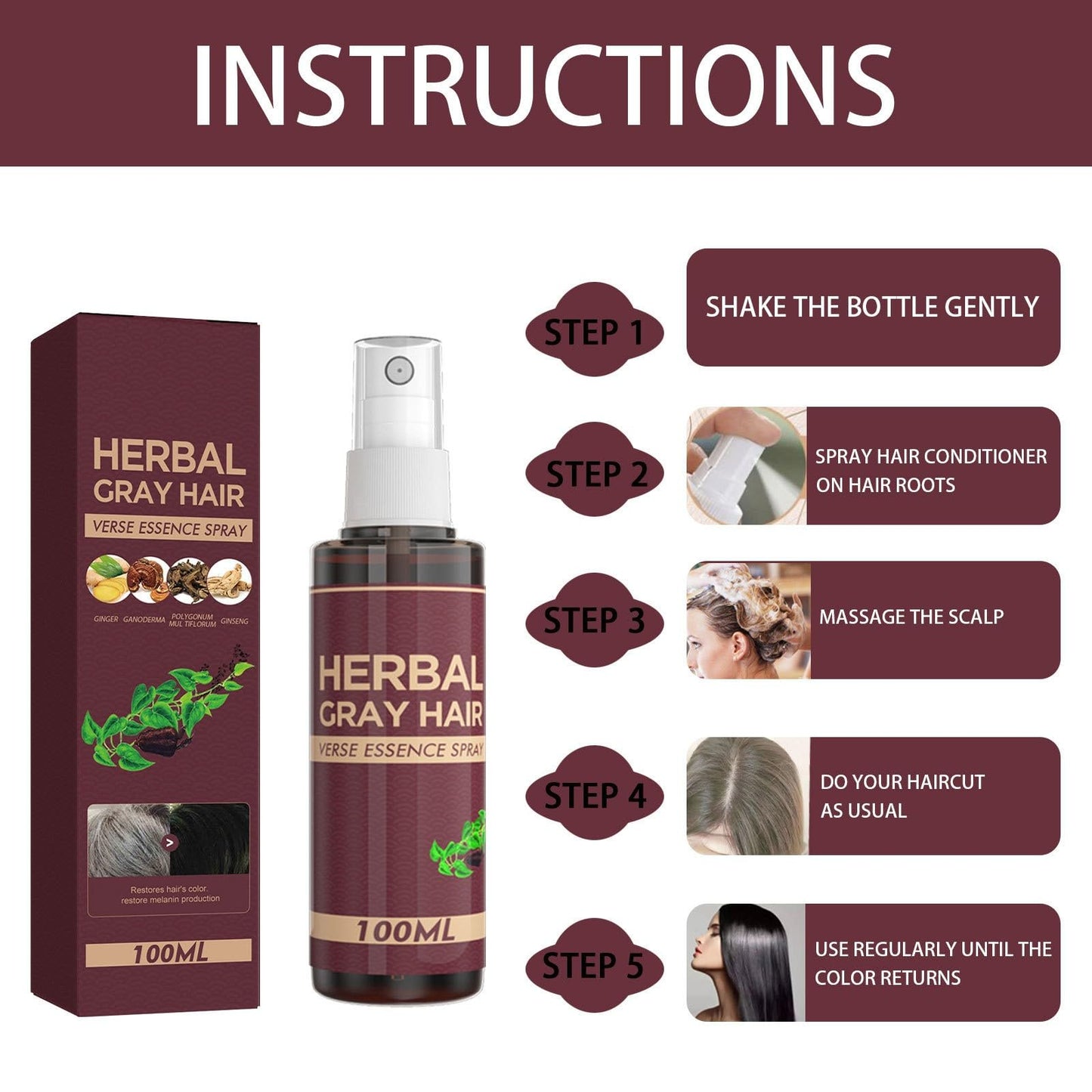 Herbal Essence Hair Spray, Hair Darkening Conditioner Spray, Herbal Hair Coloring Spray, Gray Hair Reverse Herbal Essence Spray, Reverse Grey Hair,100ml (1)