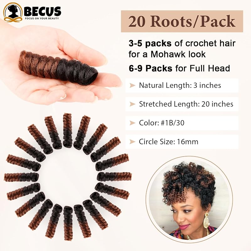 BECUS 20 Inch Jamaican Curly Crochet Hair Bundles, 3 Packs, Black Brown 1B/30 – 60 Roots