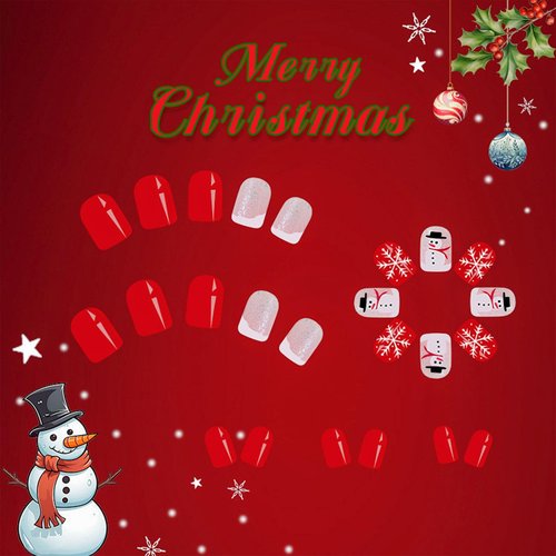 Christmas Press on Nails Short Square Fake Nails with White Snowflake Snowman Design Nails Press ons Silver Glitter False Nails Xmas Red Full Cover Glue on Nails Glossy Christmas Nails for Girls 24Pcs