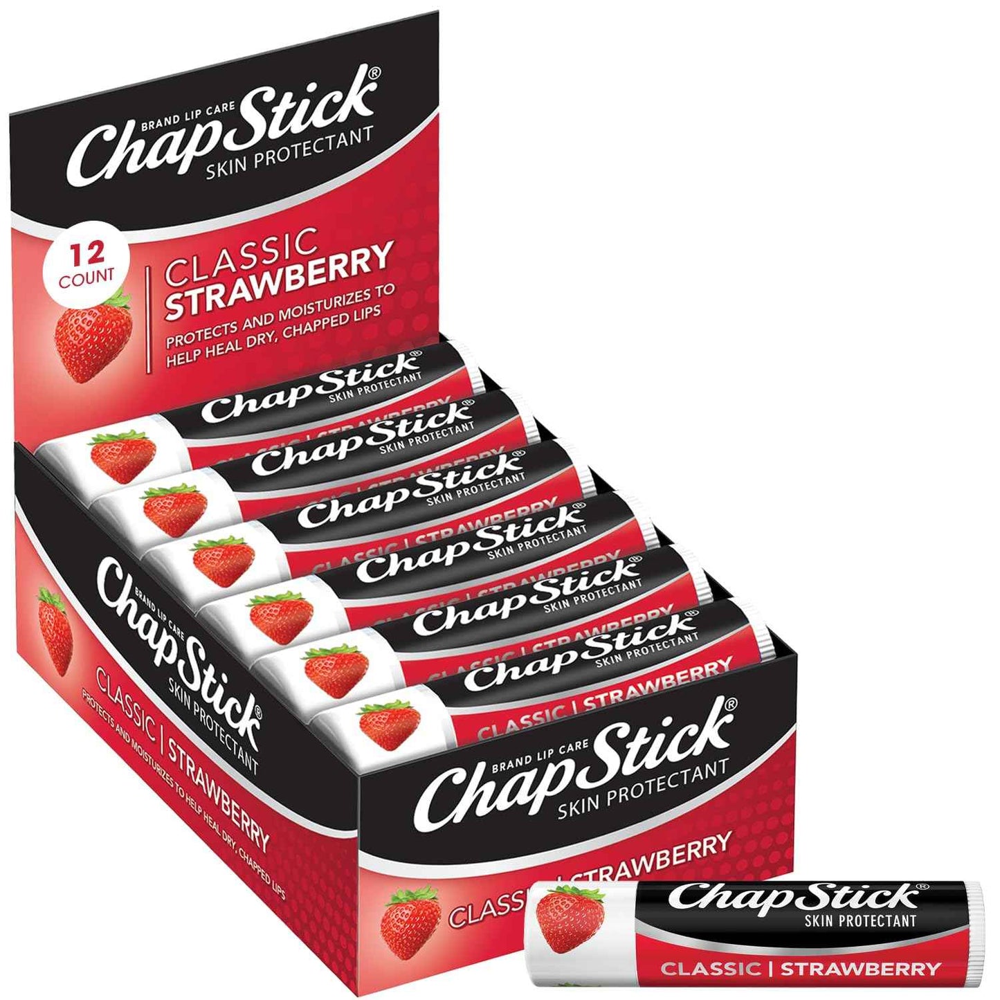 ChapStick Classic Strawberry Lip Balm Tubes, Lip Care and Lip Moisturizer - 0.15 Oz (Pack of 12)