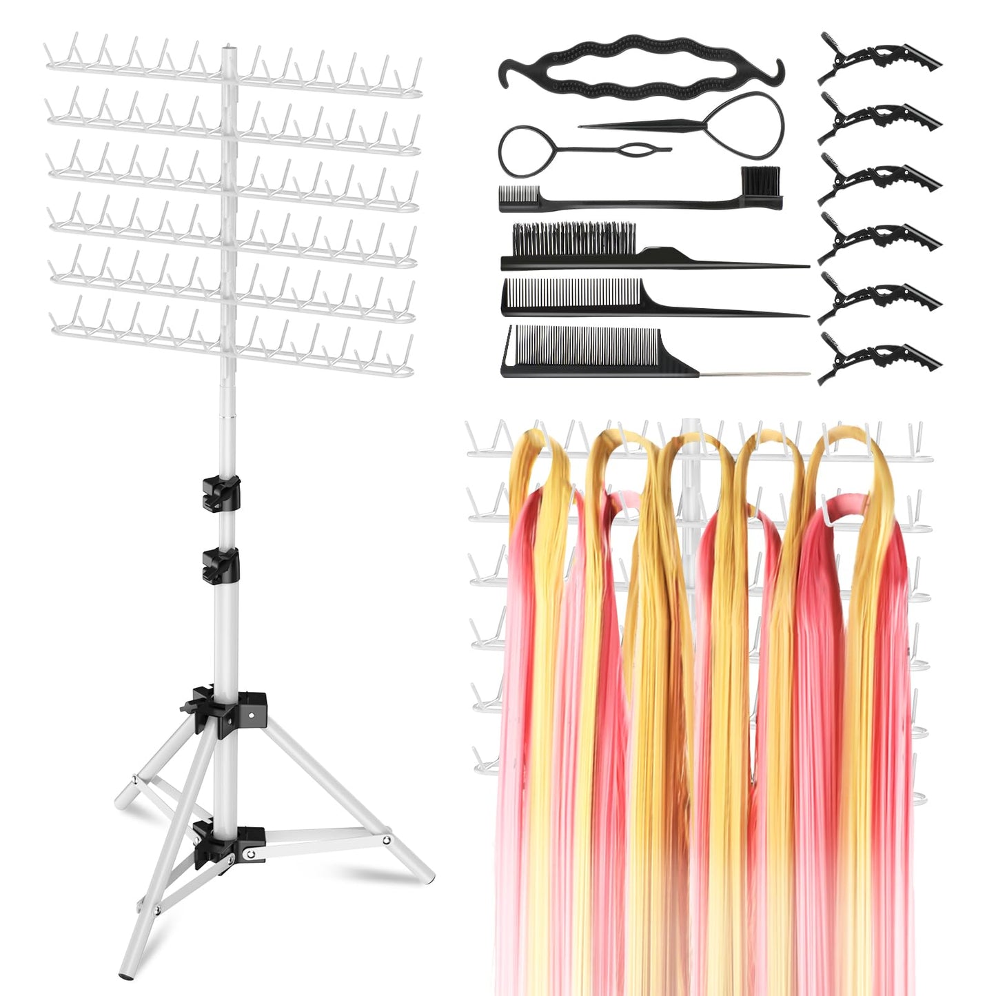 OFUSUY 144 Pegs Braiding Hair Rack, Height Adjustable Braiding Hairstand, 2-sides Hair Rack for Braiding Hair Braiding Rack Stand for hair with Stylist Hair Braiding Tools