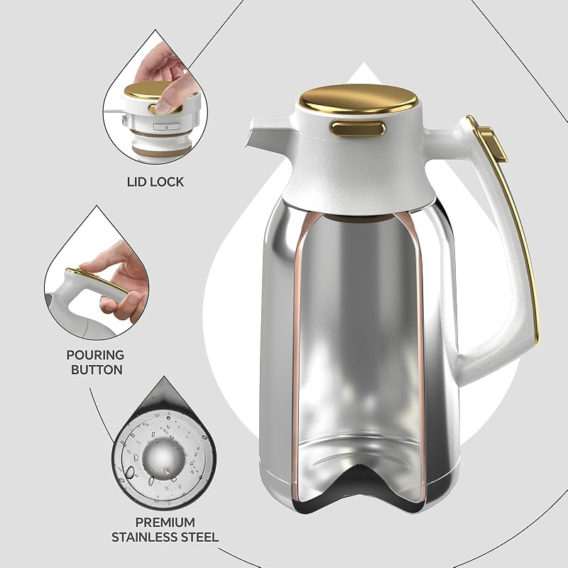 IDEUS 68oz Thermal Coffee Carafe - White-Gold Beverage Dispenser (67.6 oz variant)