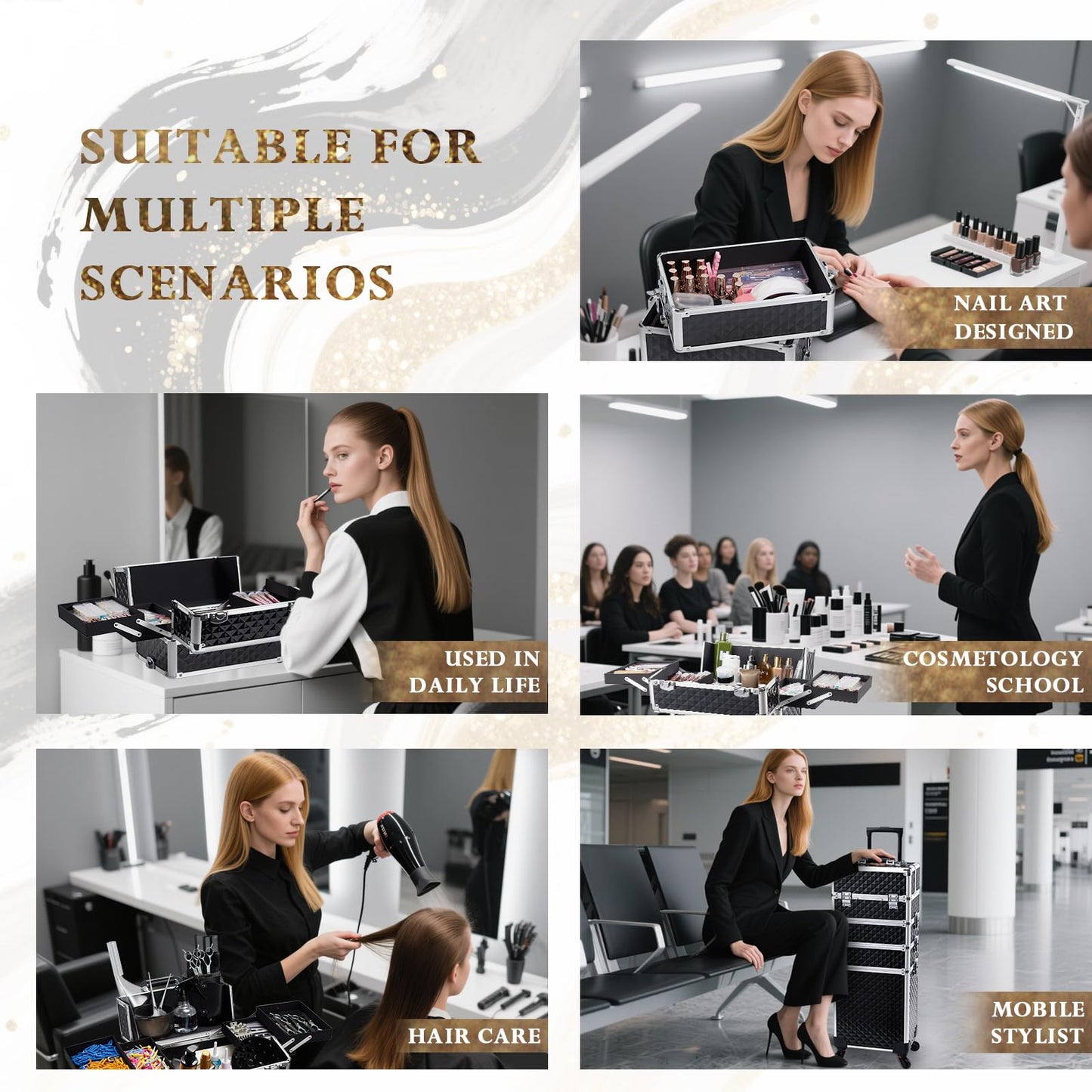 Stagiant Rolling Makeup Case Cosmetology Case on Wheels 4 in 1 Large Cosmetic Organizer Train Case Makeup Travel Case with Key Swivel Wheels Nail Artist Salon Storage Traveling Cart Trunk Black