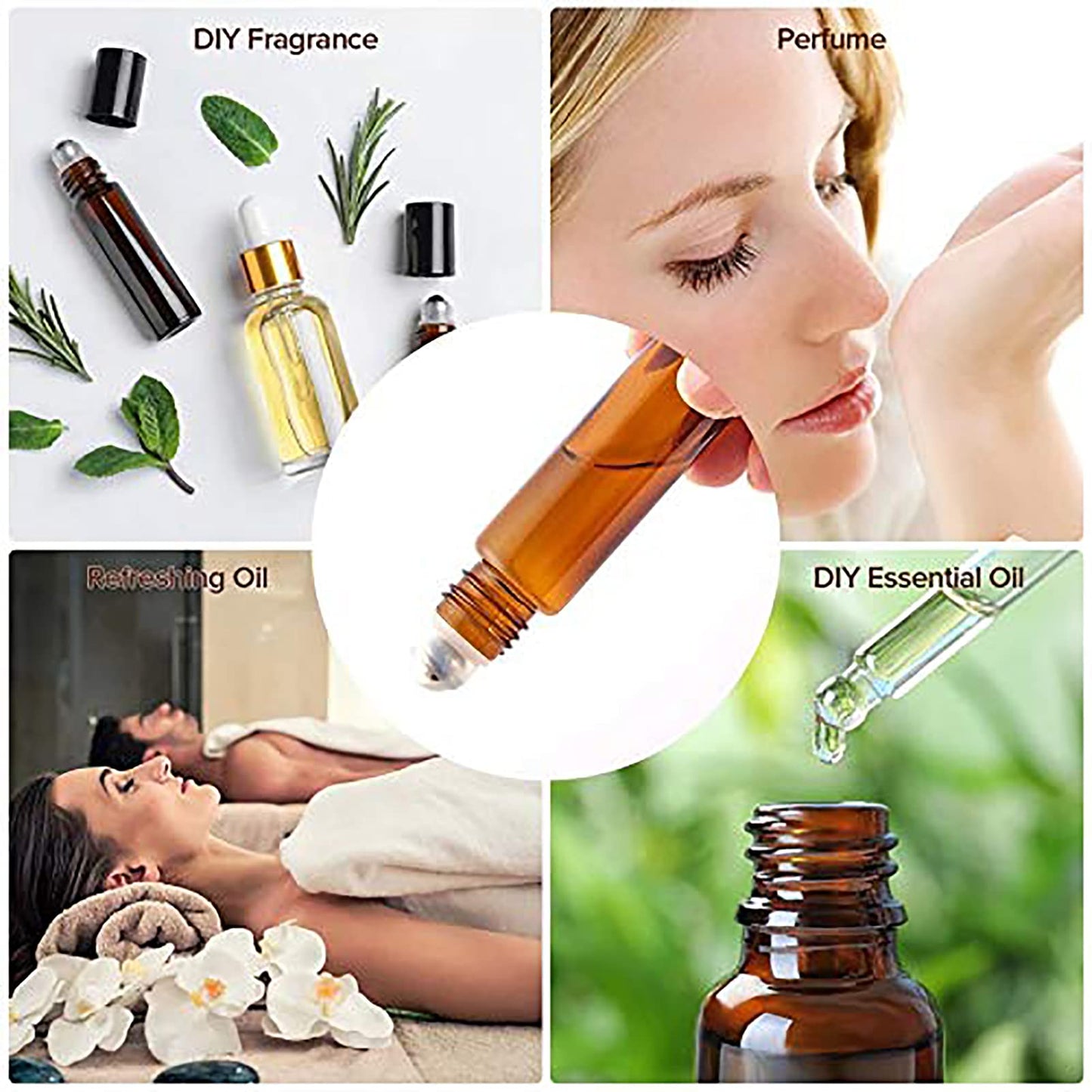 Essential Oil Roller Bottles, 48 Pack Hoa Kinh 10ml Empty Glass Amber Roller Bottles UV Protection with Stainless Steel Balls (10ml-48pack)