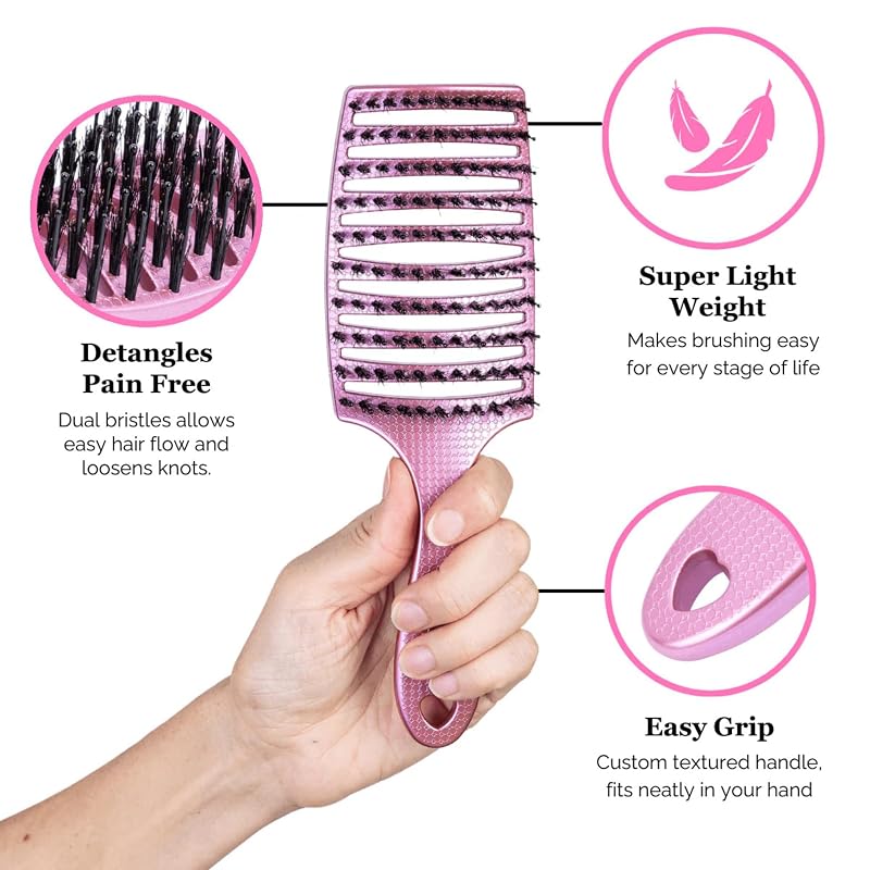 Happy Detangler Paddle Brush with Boar Bristles & Nylon Pins - Pink