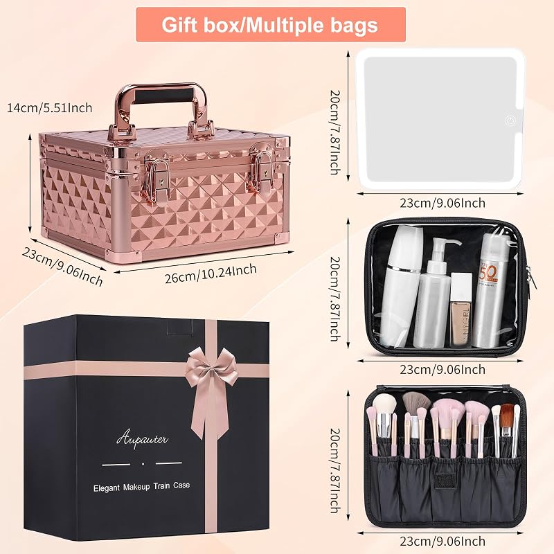 Sparkling Makeup Box with LED Mirror - Travel Hard Case with Adjustable Dividers (Rechargeable) - Cosmetic Organizer Gift