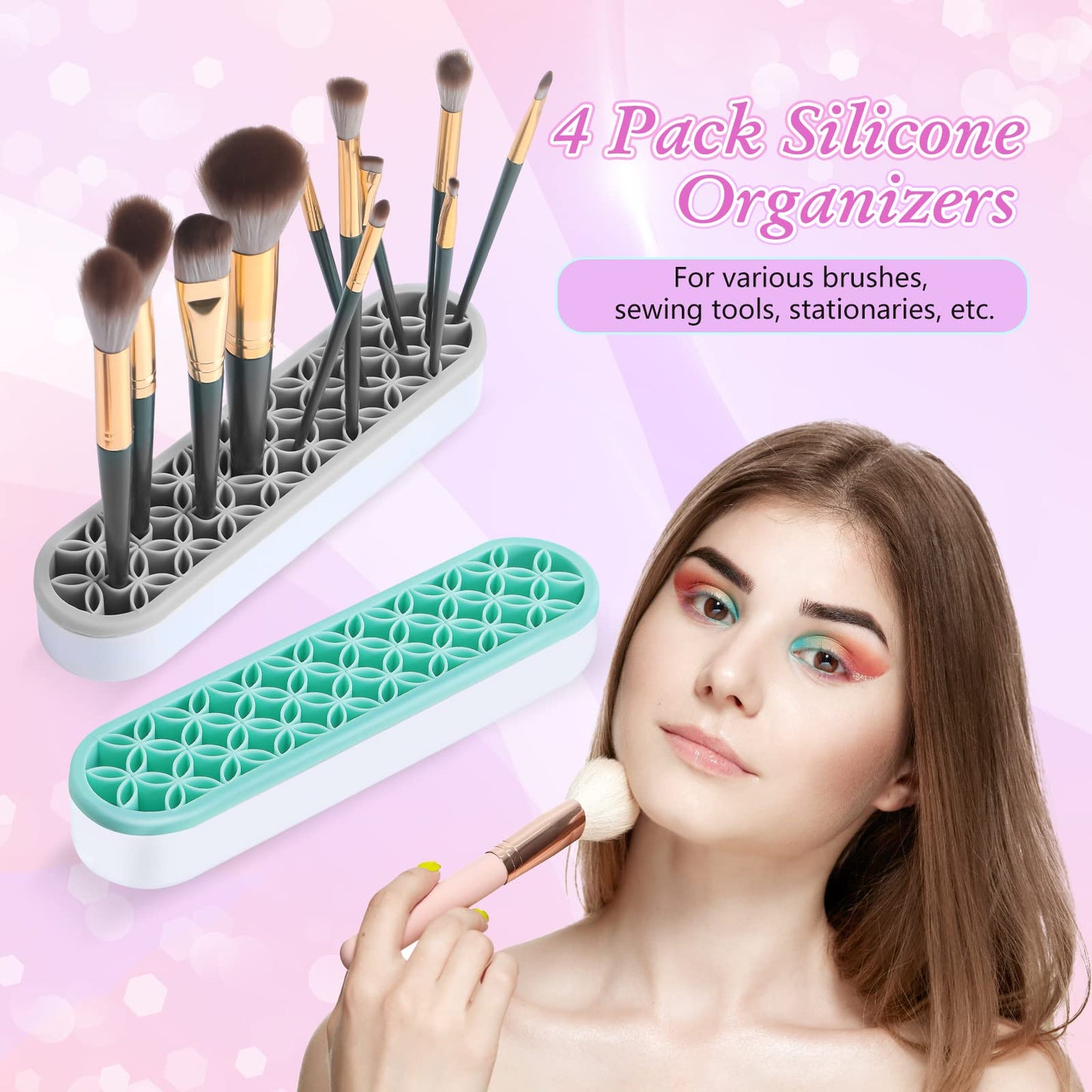 Frienda 4 Pcs Silicone Makeup Brush Holder Stand Multipurpose Cosmetic Travel Storage Box Painting Pen Brush Organizer Desktop Makeup Brush Drying Rack for Brush, Eyeliner Pencil Art (Multicolored)