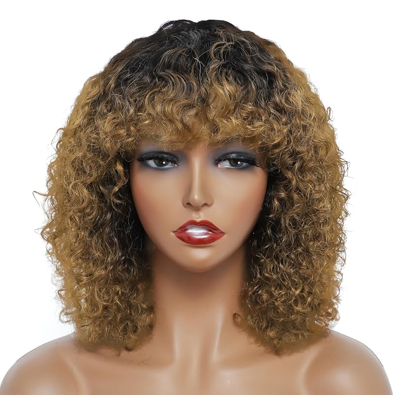 Ombre Short Curly Human Hair Wig with Bangs - Glueless, Brushable 100% Brazilian Hair (T1B/30#) - For Black Women