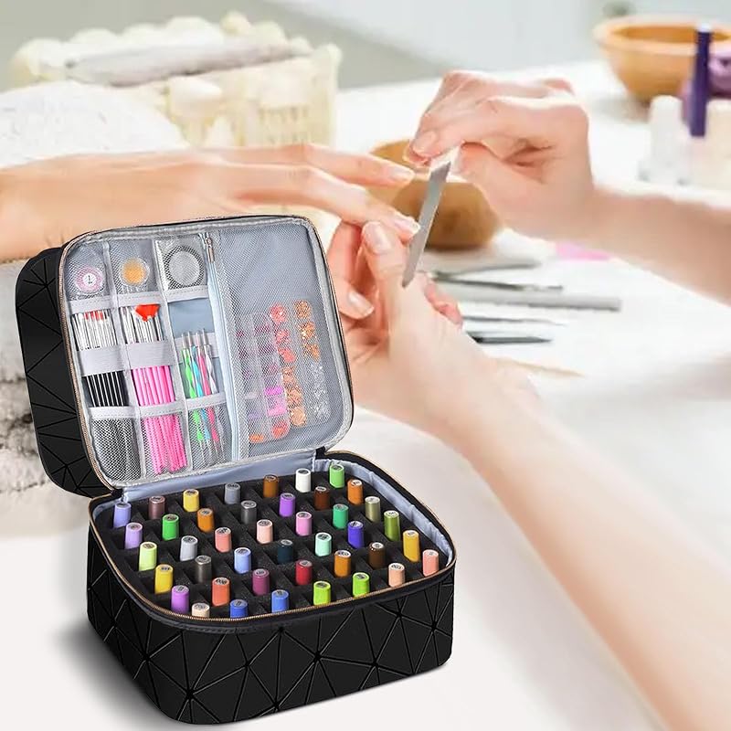 Nail Polish Organizer & Storage Case Holds 84 Bottles 3-Layer PU Leather Bag with UV Lamp (Black) - Detachable & Portable