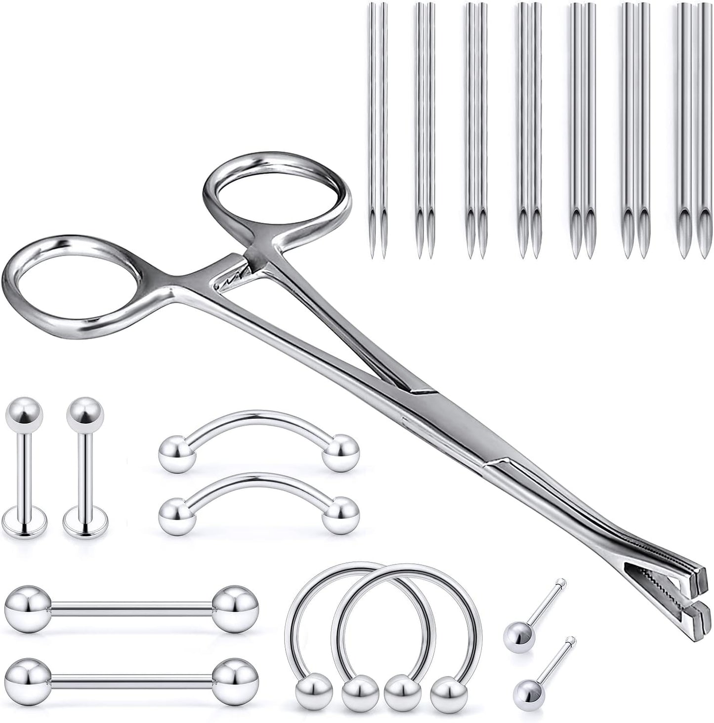 316L Surgical Steel Body Piercing Tools Kit - 9 Styles for Nose, Septum, Lip, Tongue & More