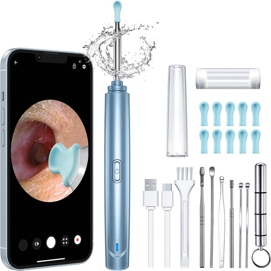 Ear Wax Removal Tool, Ear Cleaner with Camera, 1296P HD Camera and 6 LED Lights, Ear Cleaning kit with 10 Ear Pick Tips, Ear Wax Removal Kit for iOS and Android(Pale Blue)