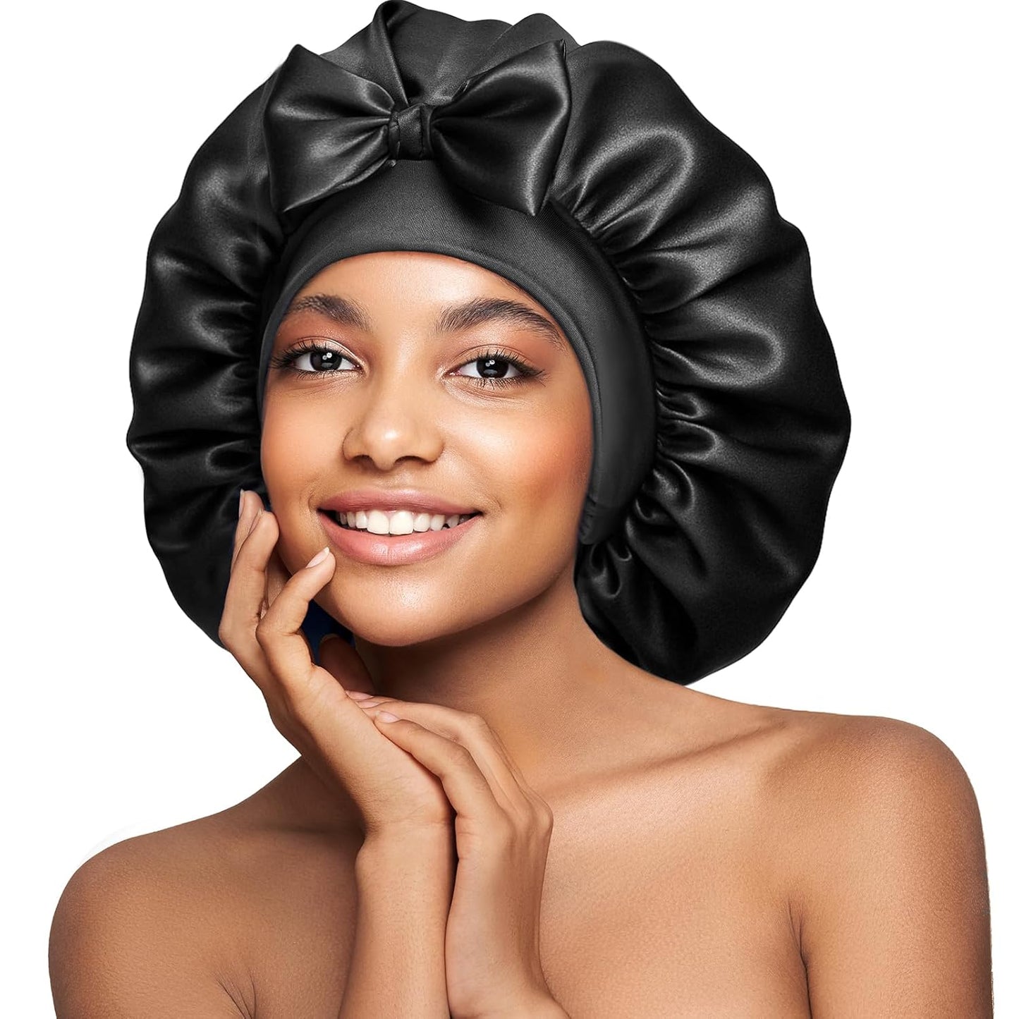 22 Momme Mulberry Silk Bonnet for Women - Double-Sided Non-Slip Sleep Cap for Long Curly Hair, Adjustable Band, Ebony