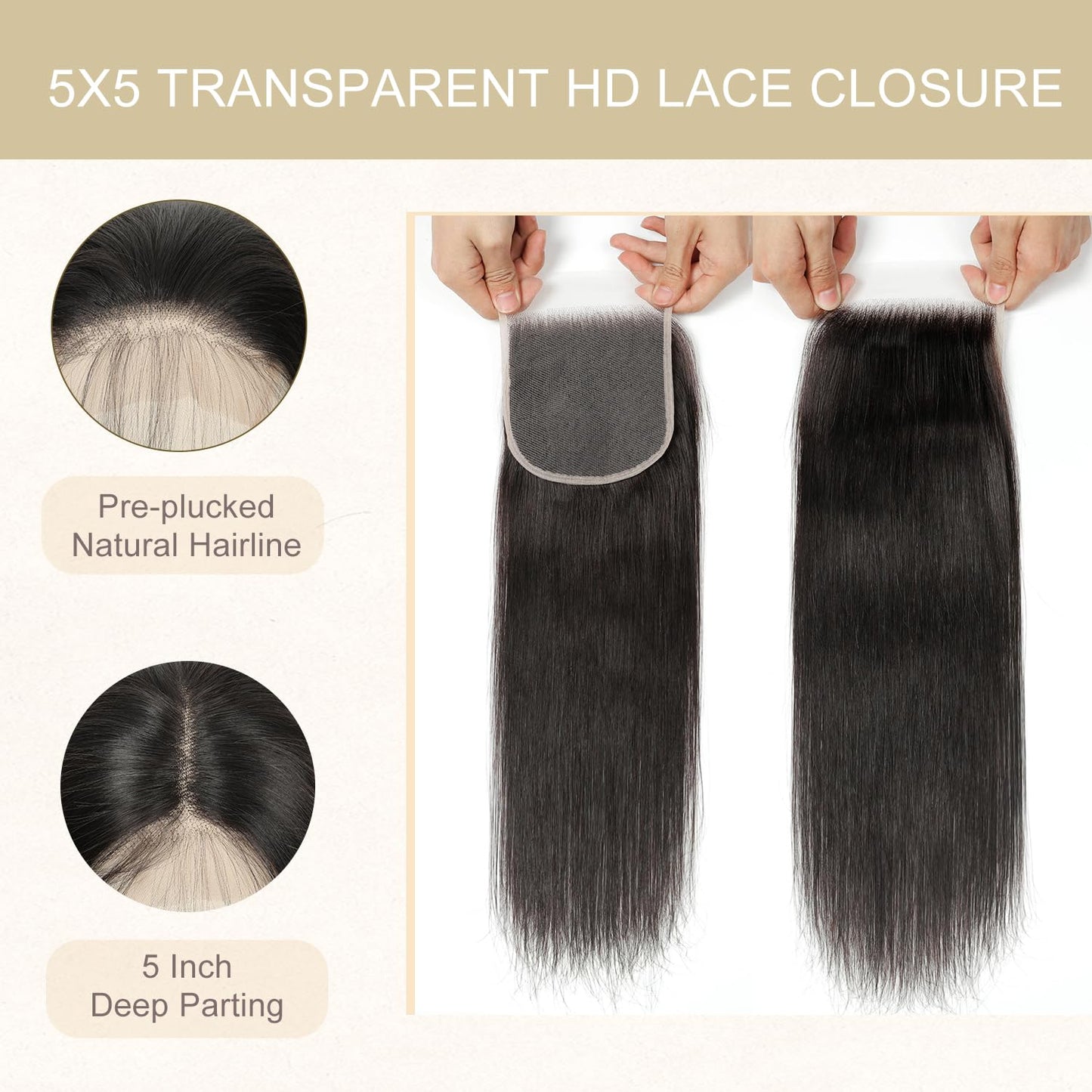 5x5 HD Lace Closure Body Wave Human Hair - Pre-Plucked Natural Hairline (10 Inch, Natural Color)