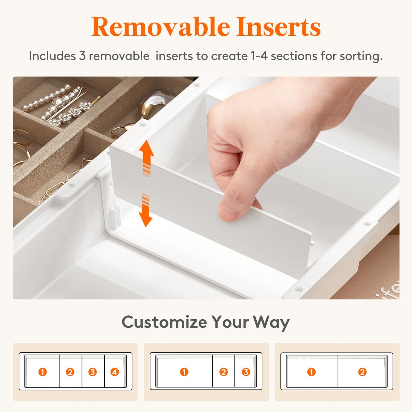 Lifewit 2 Pack Sliding Makeup Drawer Organizer Trays with Inserts, Extendable Hanging Desk Drawer Divider, 14-23" Long/1.8" High Plastic Organizer Tray in Vanity/Bathroom/Office/Kitchen, White