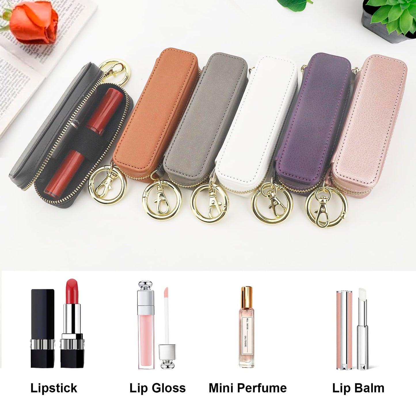 Bocasal Leather Lipstick Case Holder Chapstick Keychain Pouch, Zipper Lip Balm Lip Gloss Bag for Purse with Elastic Band, Makeup Travel Organizer, Cosmetic Storage Kit for Women Girls (Rose Gold)