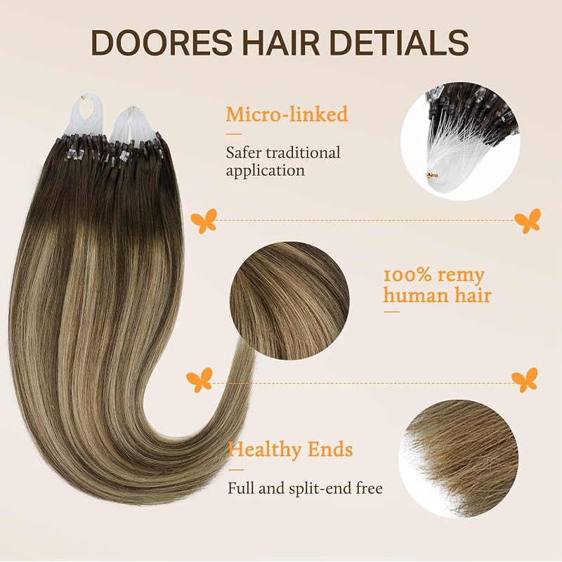 Doores Real Human Hair Extensions 18 Inch Micro Link 50g 50 Strands Chocolate Brown to Caramel Blonde
