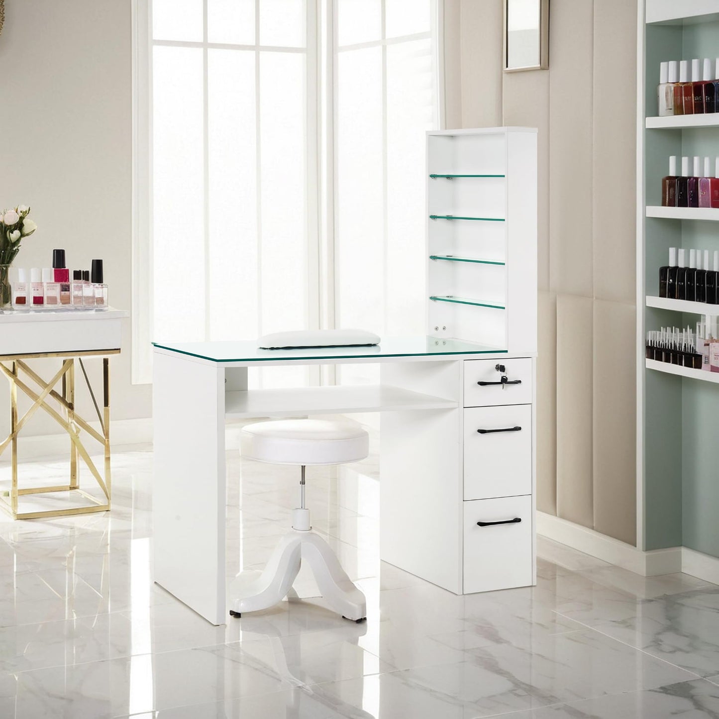 BarberPub Manicure Table with Drawers, Storage Shelves Spa Beauty Salon Station Nail Desk 2673, 45*60*19 inch (White)