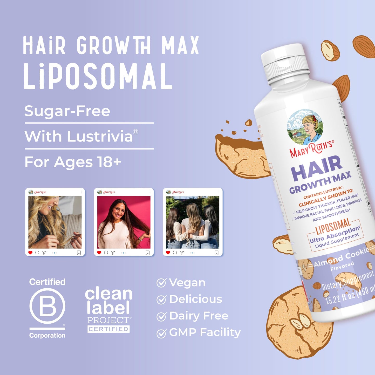 MaryRuth Organics Women's Hair Growth MAX Liposomal | with Lustriva® + Biotin 10000mcg + Pumpkin Seed Oil | Thicker Hair | Hair Care | Wrinkles, Fine Lines, Skin Care | Ages 18+ | 15.22 Fl Oz
