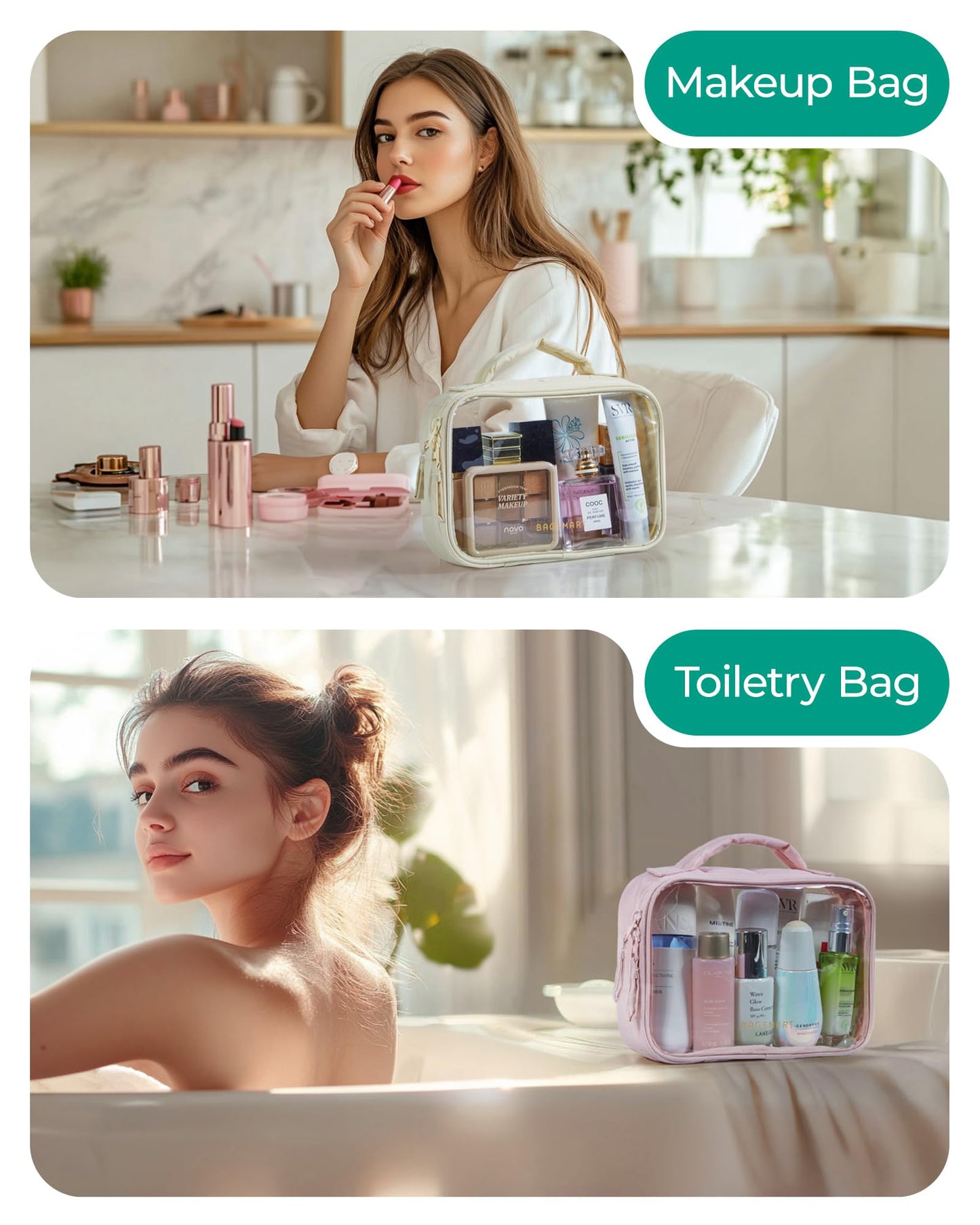 BAGSMART 2 Pack Clear Toiletry Bag, Puffy Edges TSA-Approved Travel Makeup Bag, Large Opening with Handle, Cosmetic Organizer with Double Zipper for Women